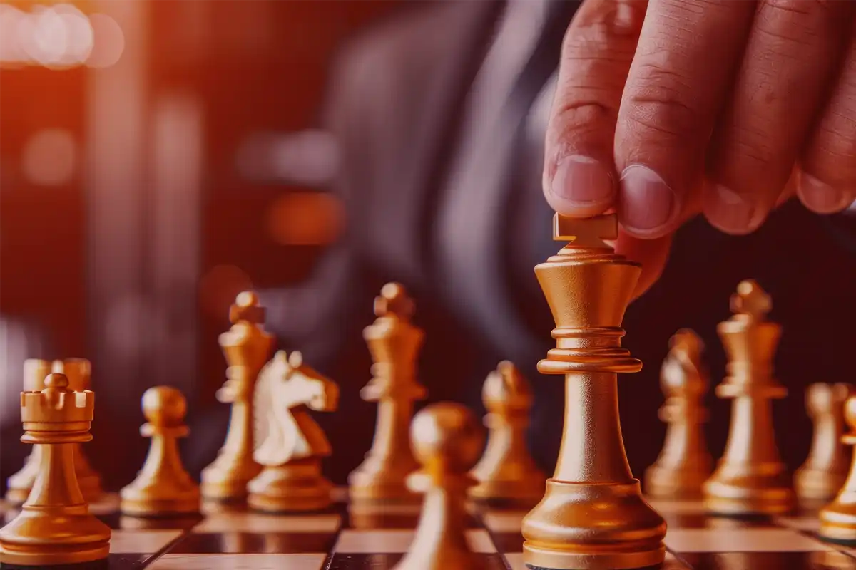 Close-up of a chessboard illustrating strategy, business planning, and competitive tactics for success.